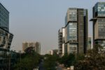 Modern office buildings and business district skyline in an Indian city