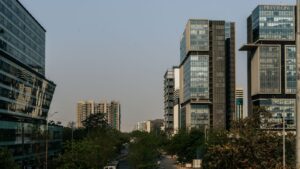 Modern office buildings and business district skyline in an Indian city