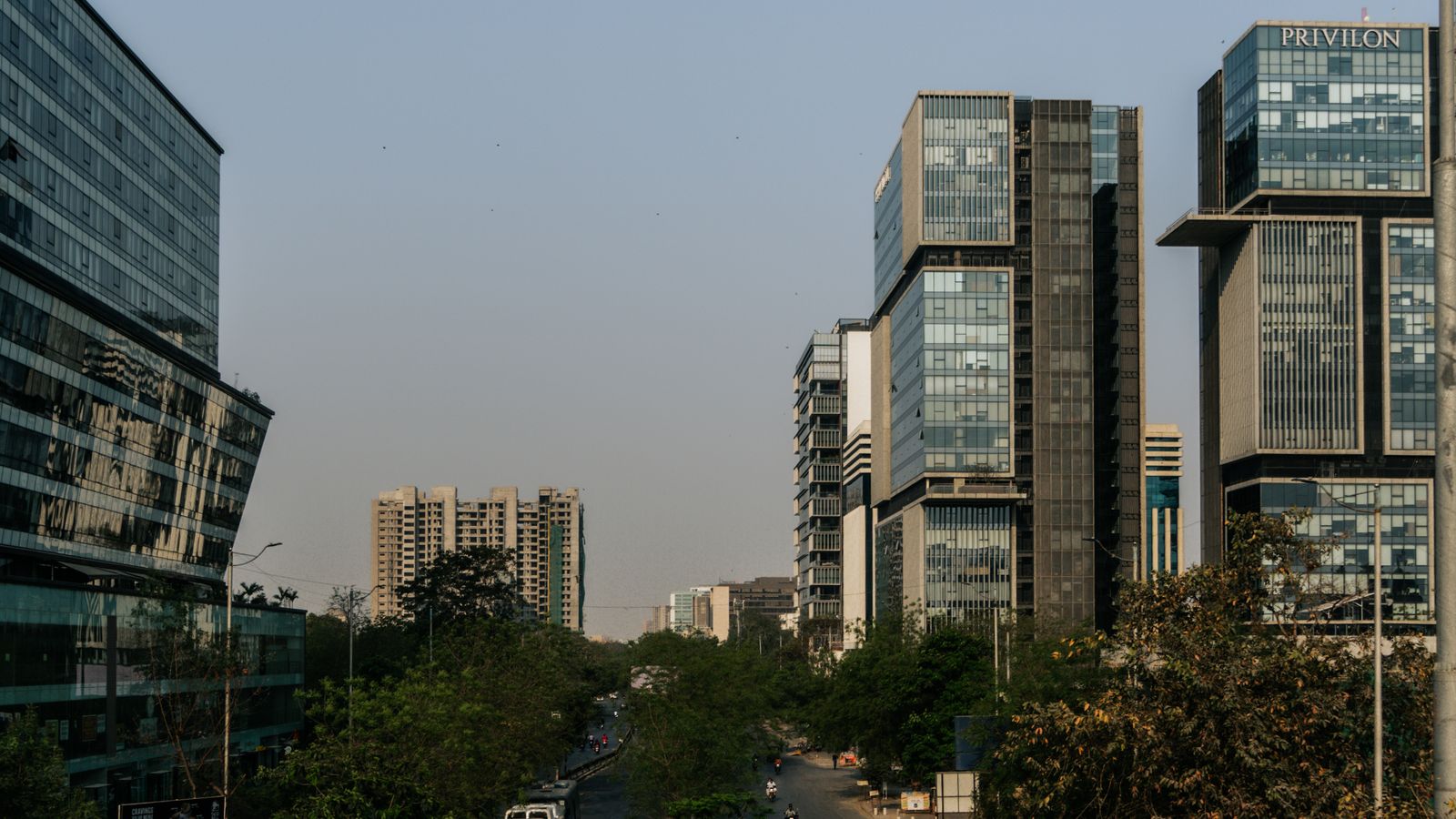 Modern office buildings and business district skyline in an Indian city